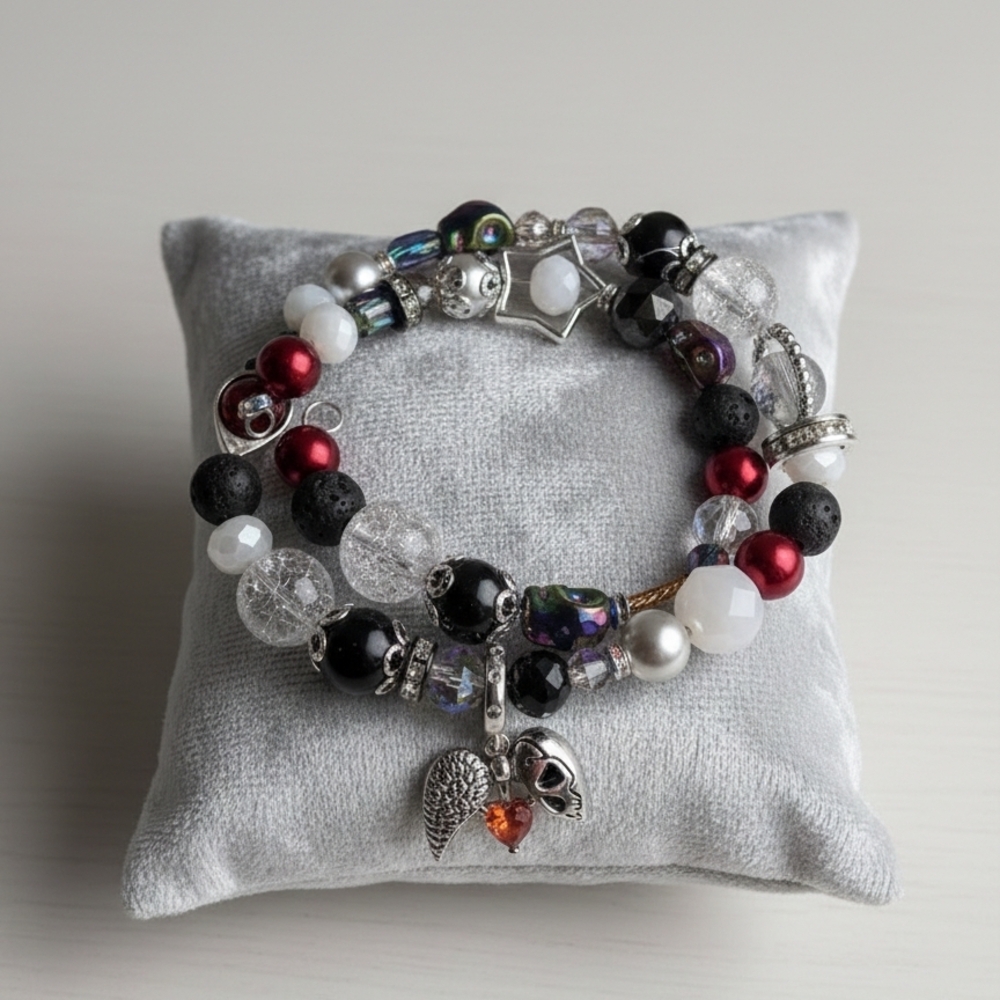 Sterling Silver Skull Wing Charm Wire Bracelet